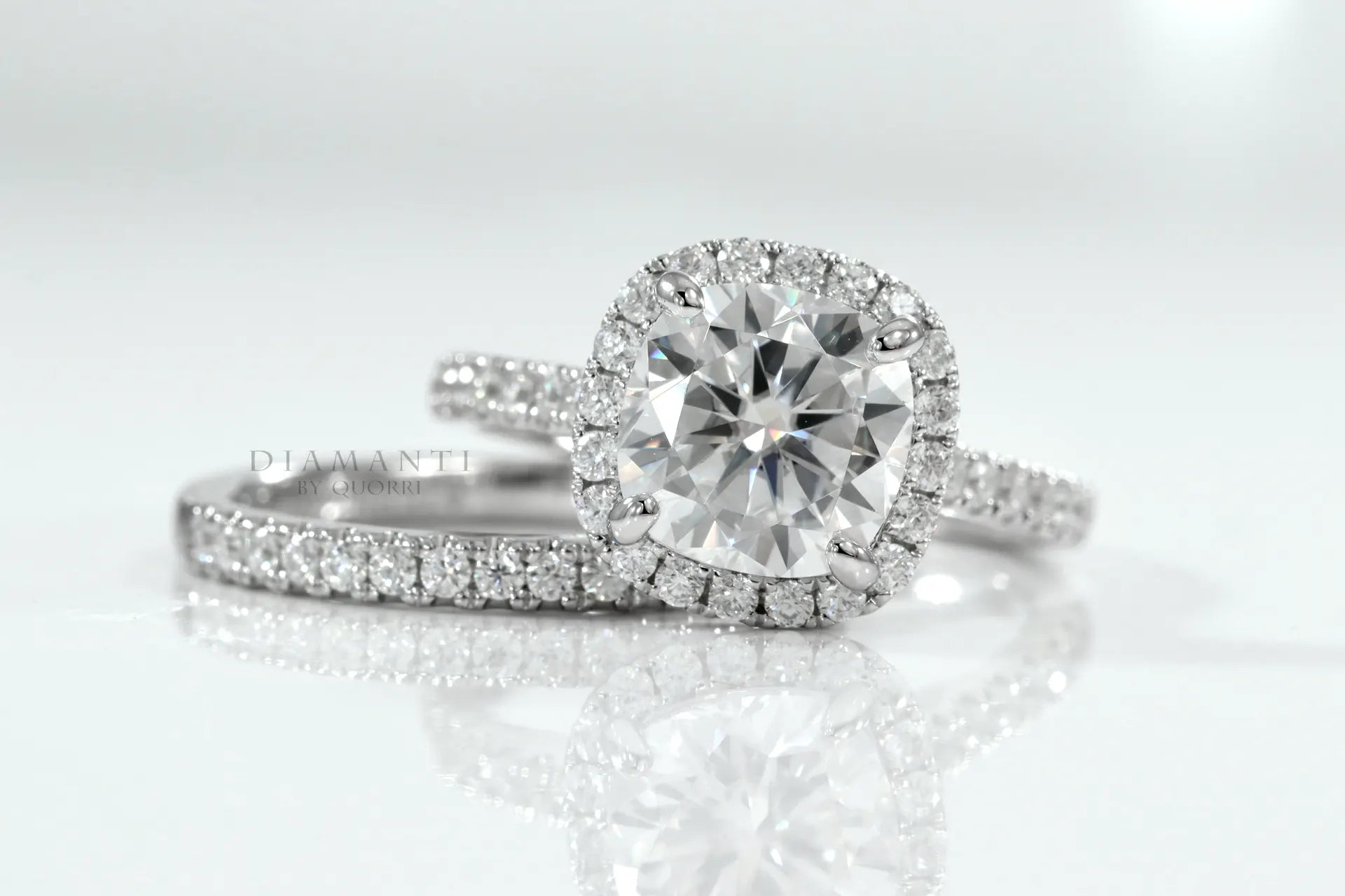 18k white gold round accented halo 2ct cushion lab diamond engagement ring and wedding band set Quorri Canada