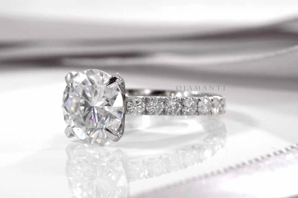 4 claw prong large accented round lab diamond engagement ring