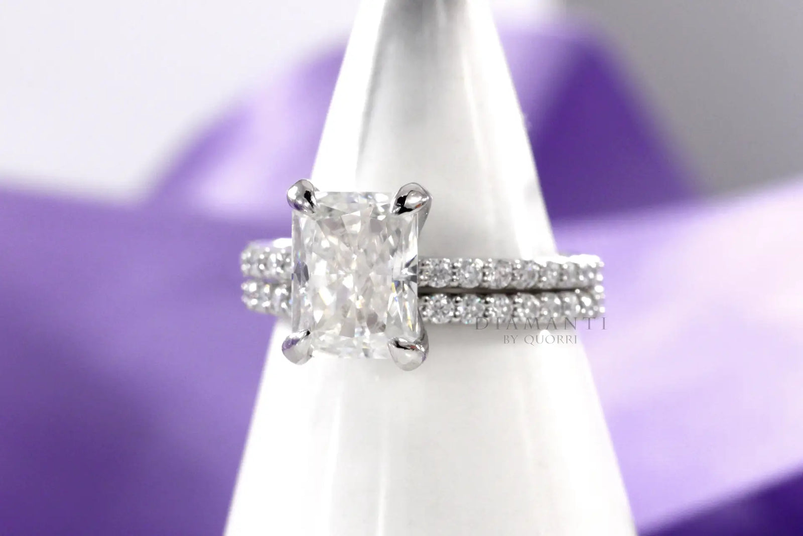 affordable platinum and 18k white gold affordable designer round accented lab diamond wedding ring and band Quorri