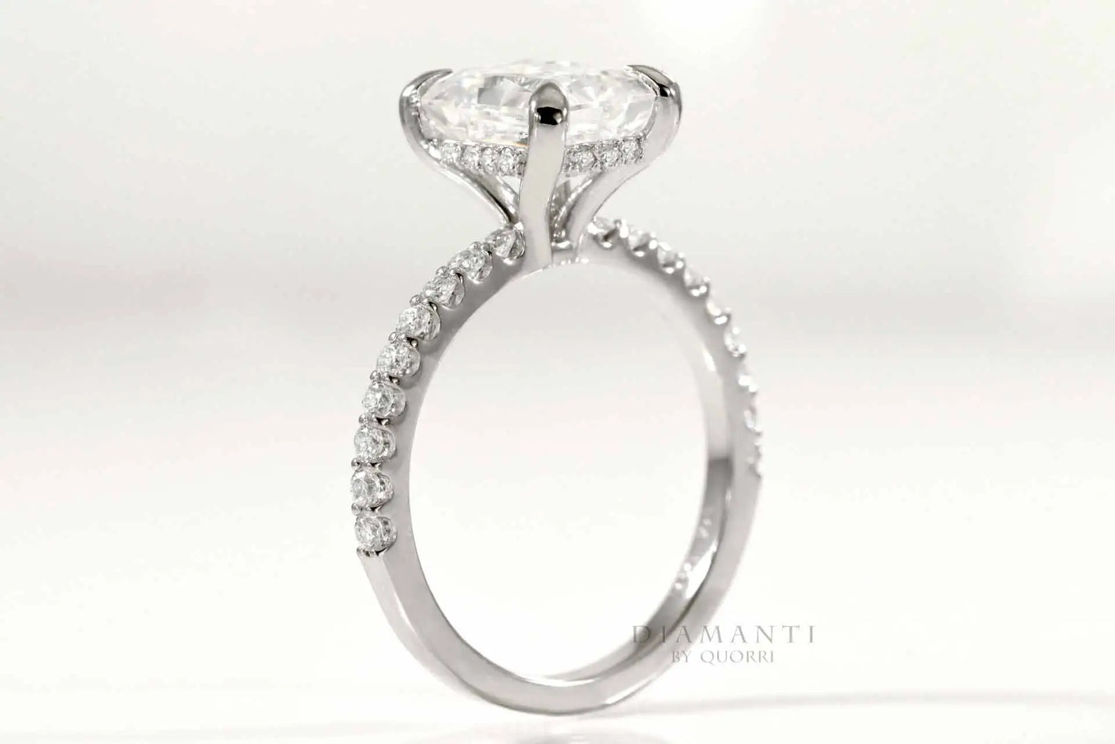 claw prong accented under-halo radiant lab diamond engagement ring Quorri