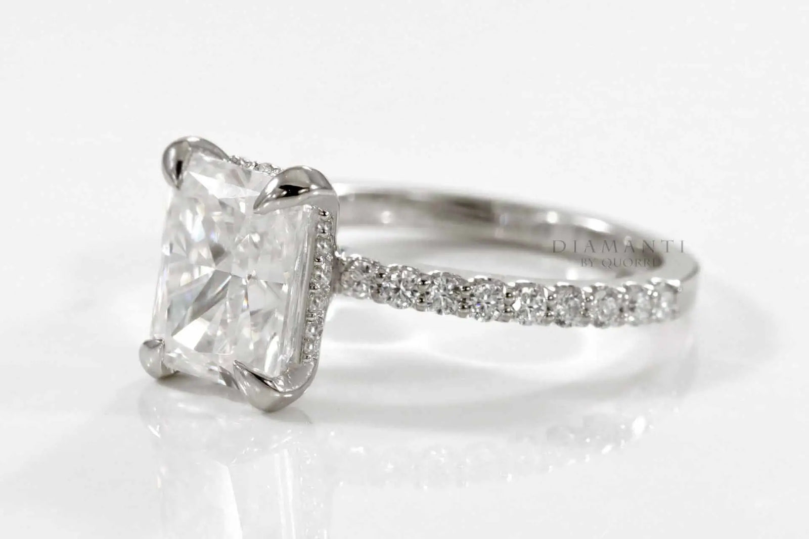 claw prong accented under-halo radiant lab diamond engagement ring Quorri