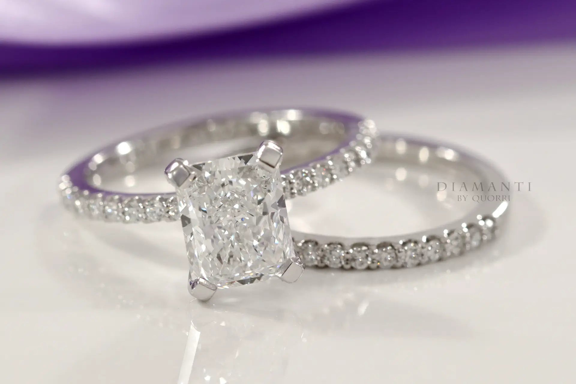 affordable 2ct radiant cut lab created diamond accented engagement ring and matching band