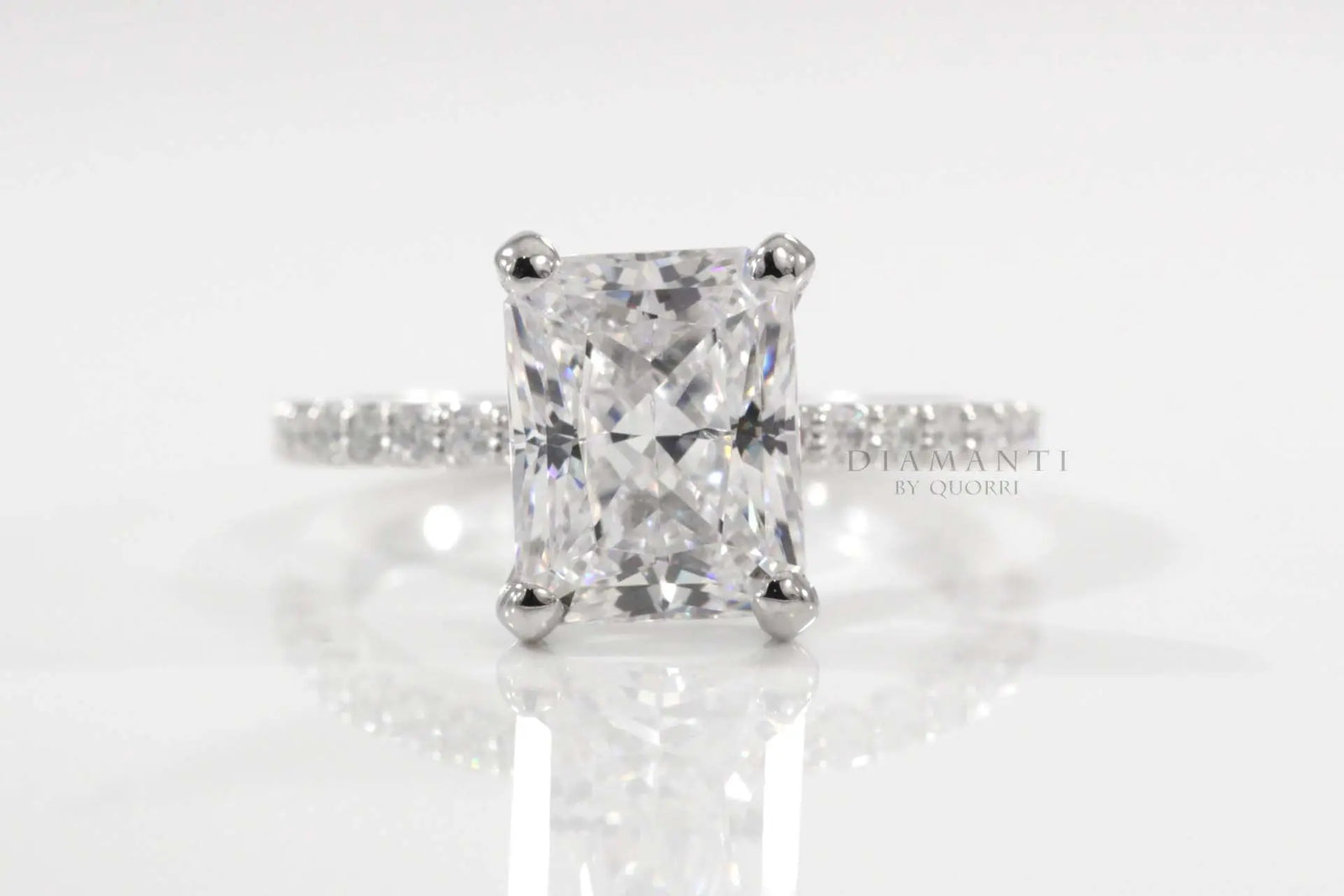 Platinum affordable 3ct radiant cut lab diamond accented engagement ring Quorri