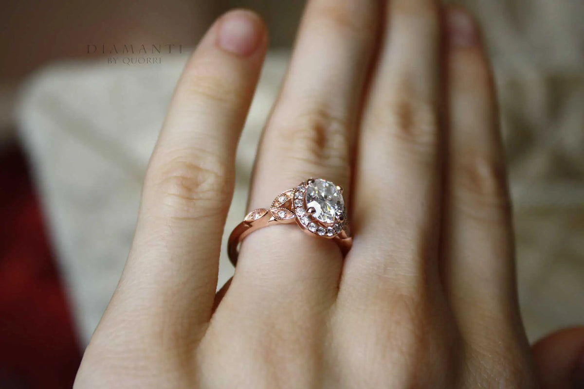 vintage 18k rose gold 2 carat oval lab diamond engagement ring Quorri
