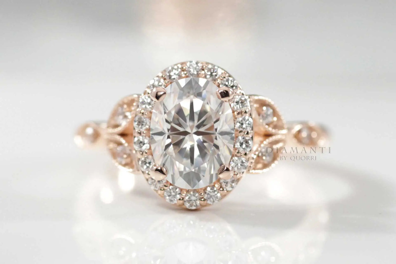 vintage rose gold oval lab diamond engagement ring