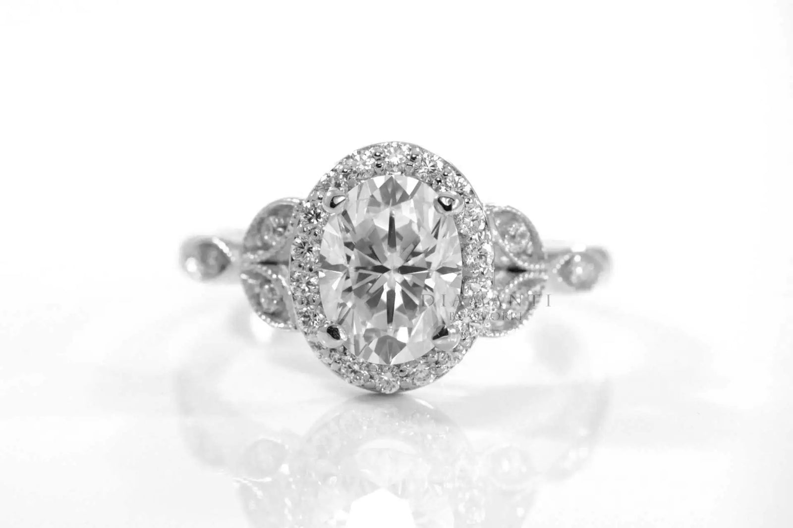 platinum vintage 3ct oval lab grown diamond engagement ring