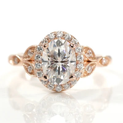 Avanthia vintage oval halo lab grown diamond 14k rose gold engagement ring at Quorri Canada
