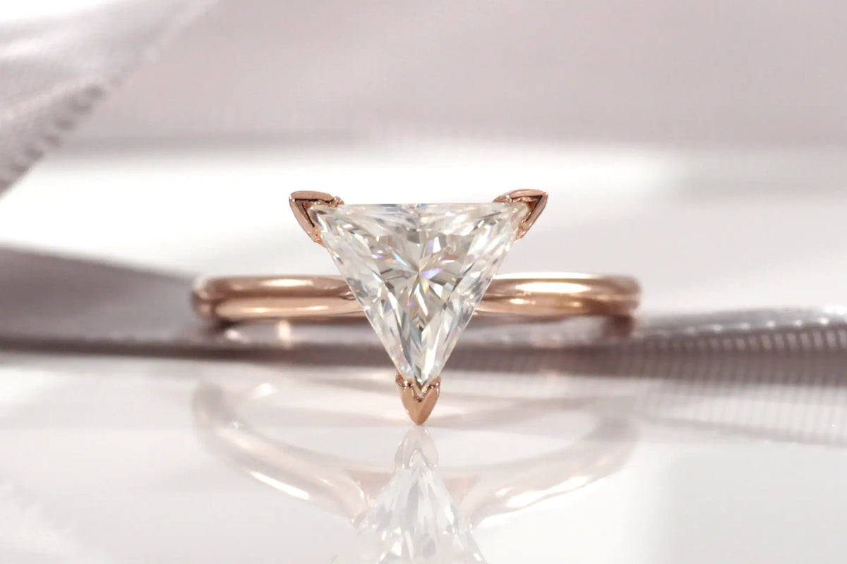 designer v-prong 14k rose gold triangle cut lab diamond solitaire engagement ring Quorri