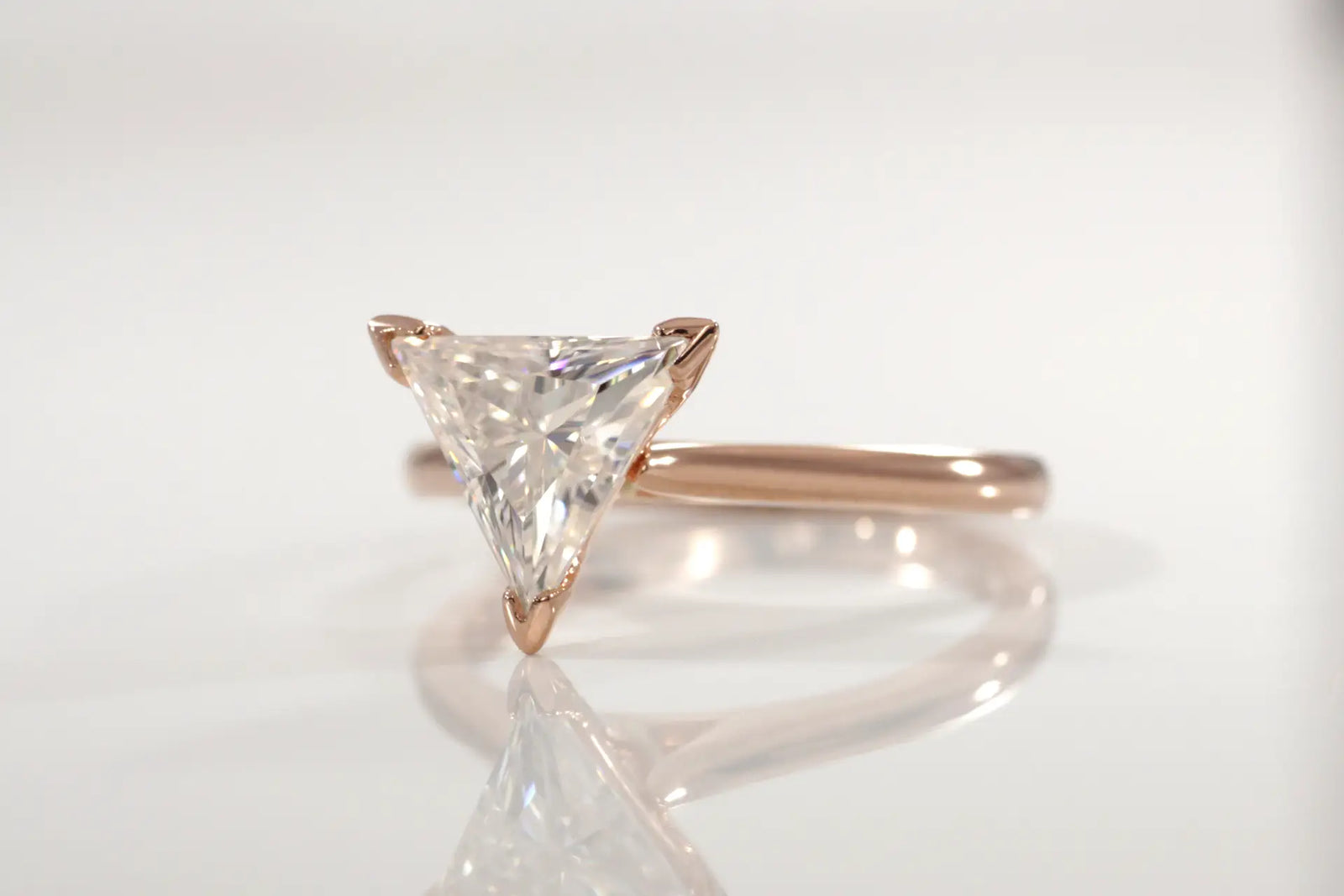designer v-prong 14k rose gold triangle cut lab diamond solitaire engagement ring Quorri
