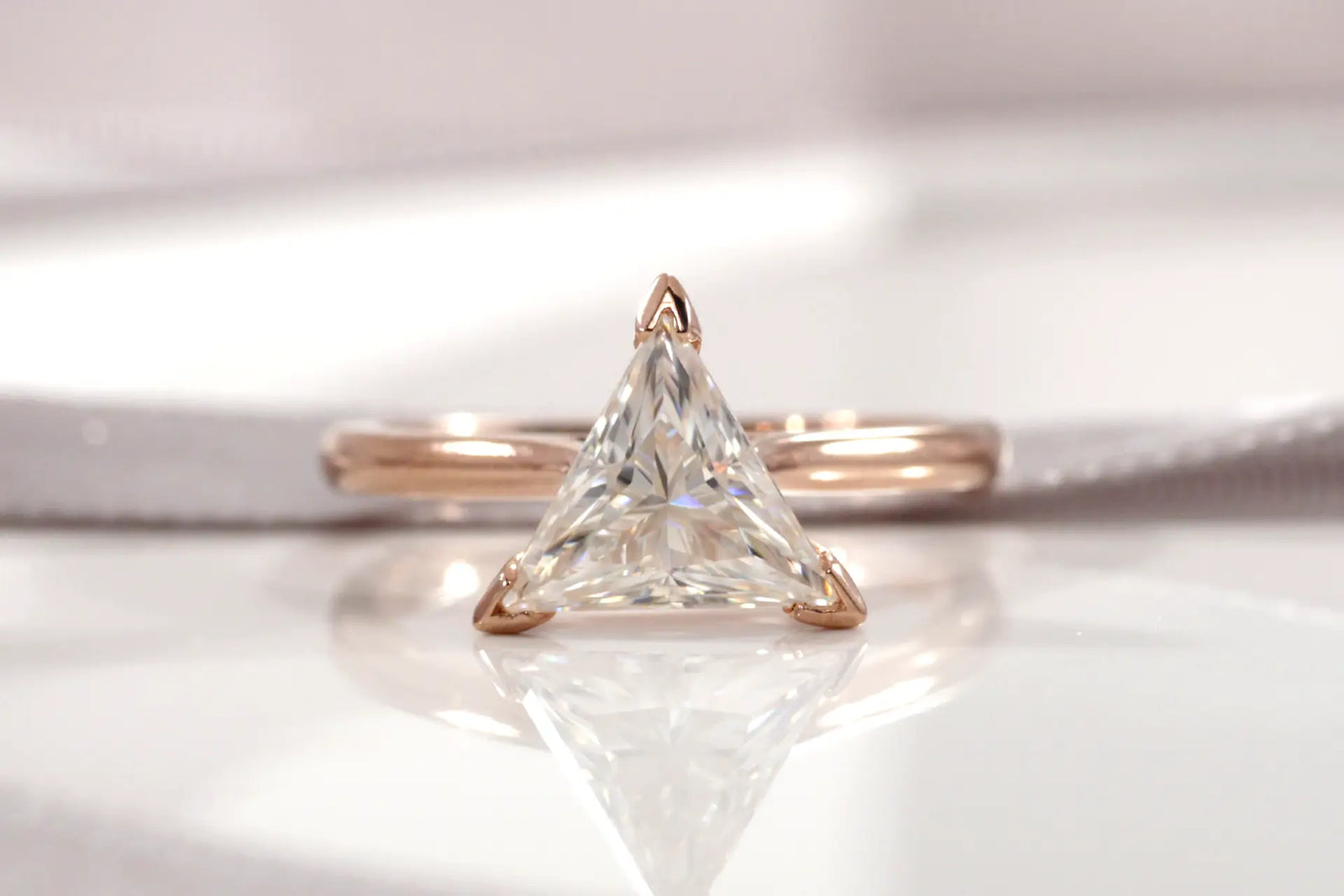 affordable designer v-prong 14k rose gold 2.0 carat triangle cut lab grown diamond solitaire engagement ring Quorri