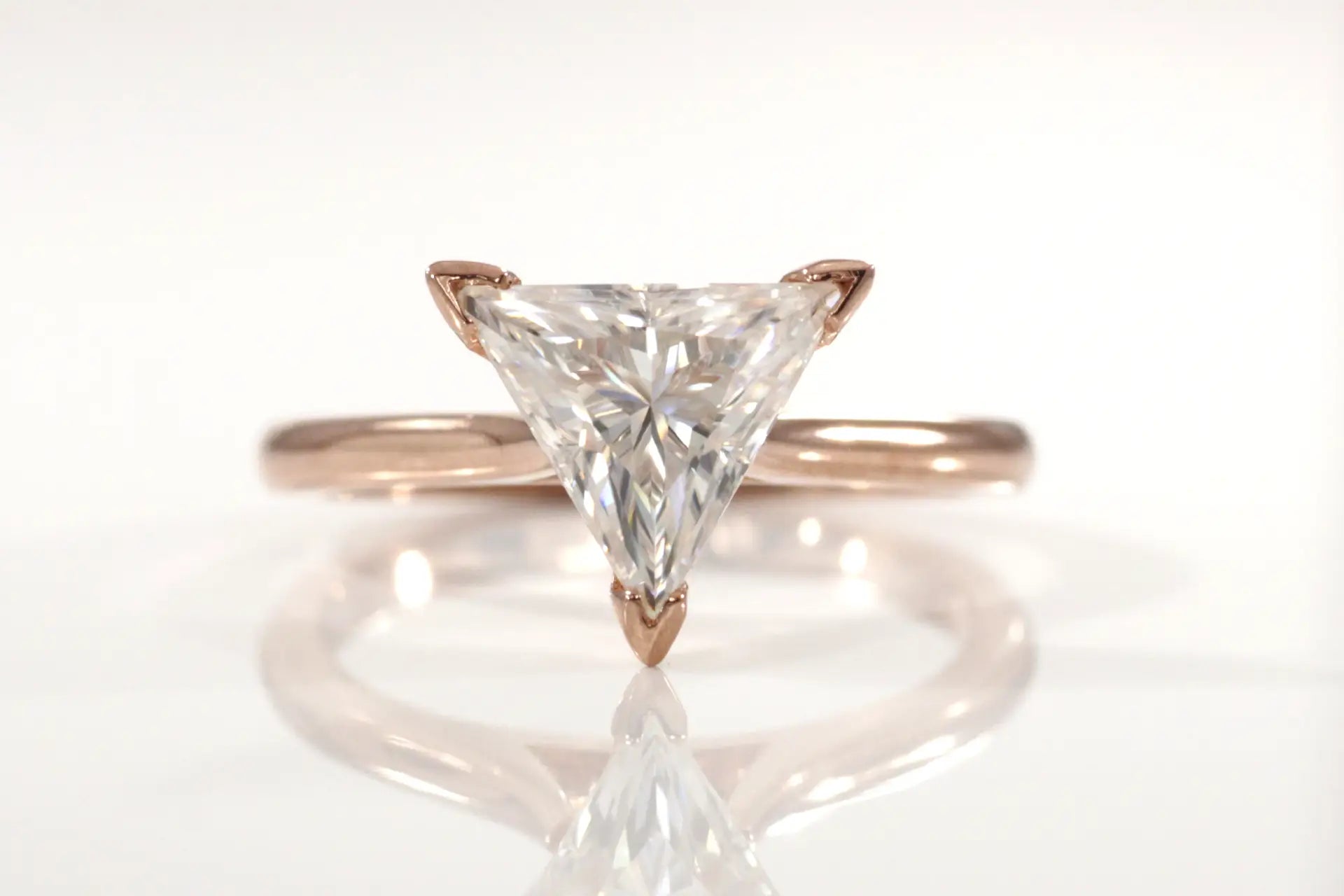 designer affordable three v-prong 14k rose gold two carat triangle cut lab diamond solitaire engagement ring Quorri