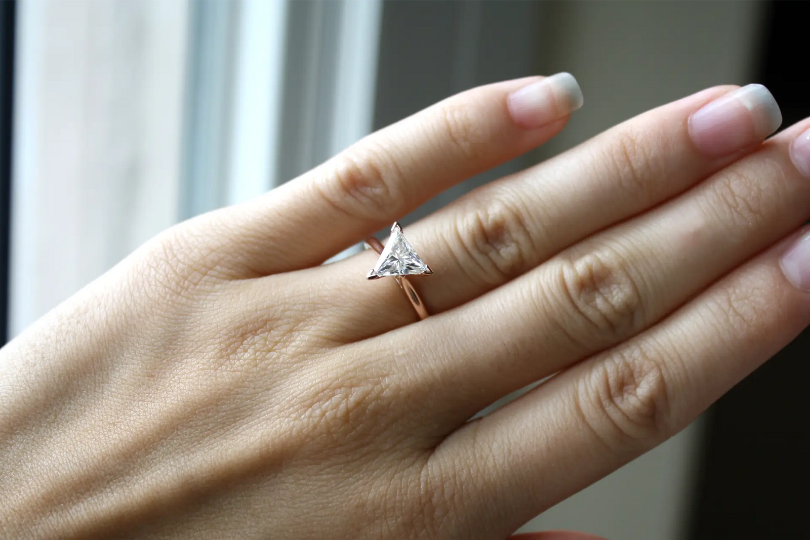 Canadian made designer v-prong 14k rose gold 2 carat triangle cut lab diamond solitaire engagement ring Quorri