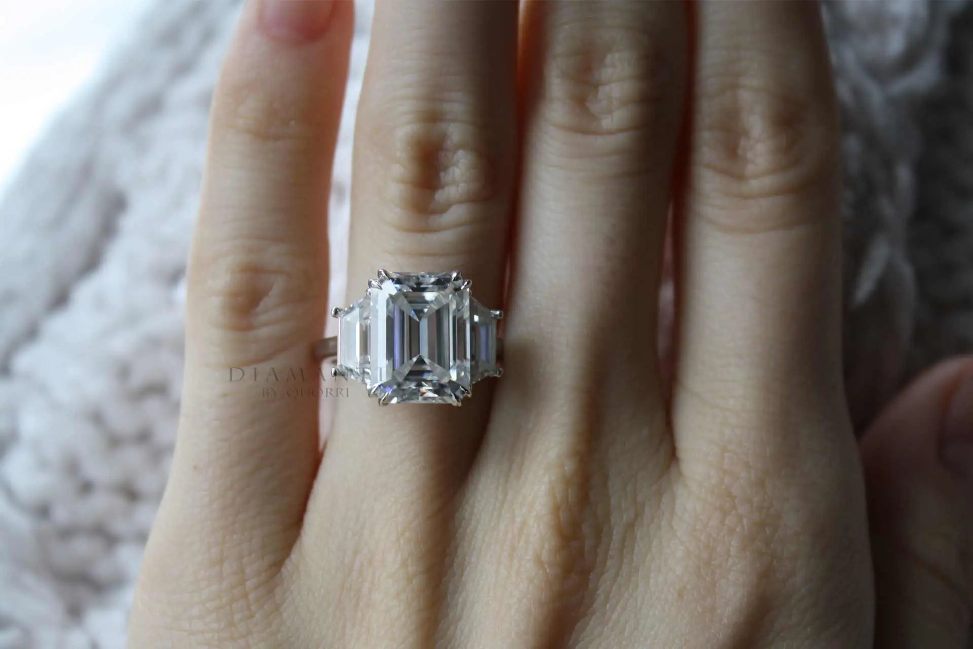 platinum dual claw 5 carat emerald and trapezoid three stone lab diamond engagement ring quorri