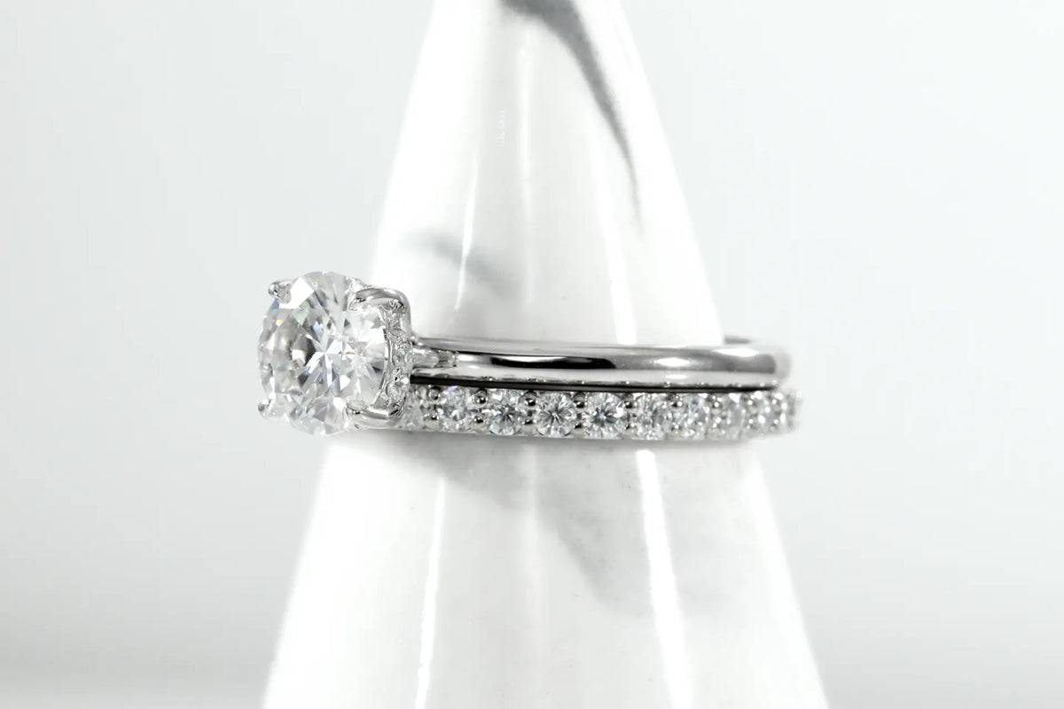 18k white gold pave set 2ct under halo engagement ring and diamond wedding band set Quorri
