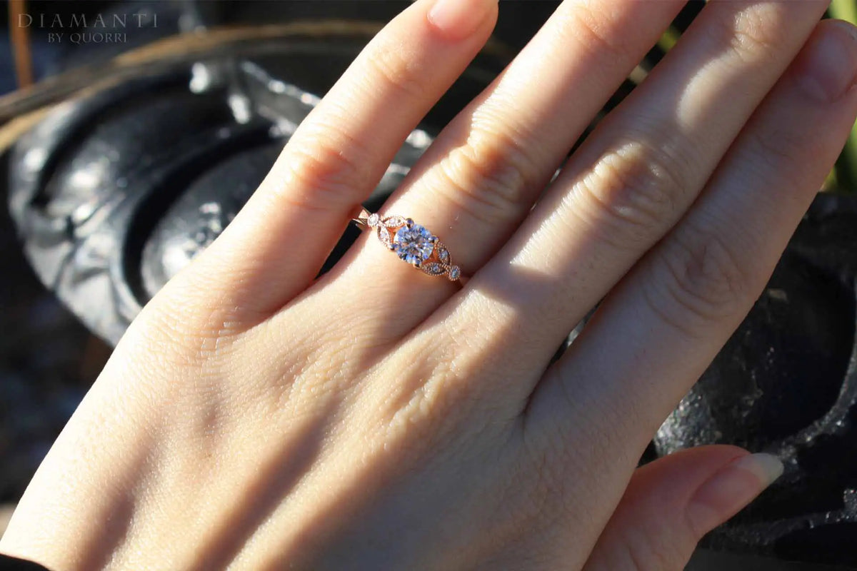vintage rose gold accented millgrain 1.50 carat round lab grown diamond engagement ring Quorri