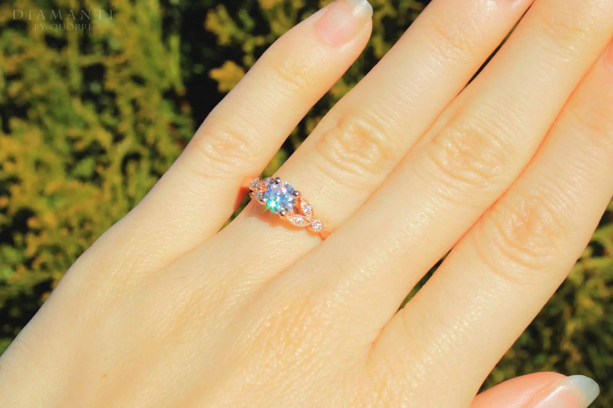 affordable antique vintage 14k rose gold accented 1ct. round lab diamond engagement ring Quorri