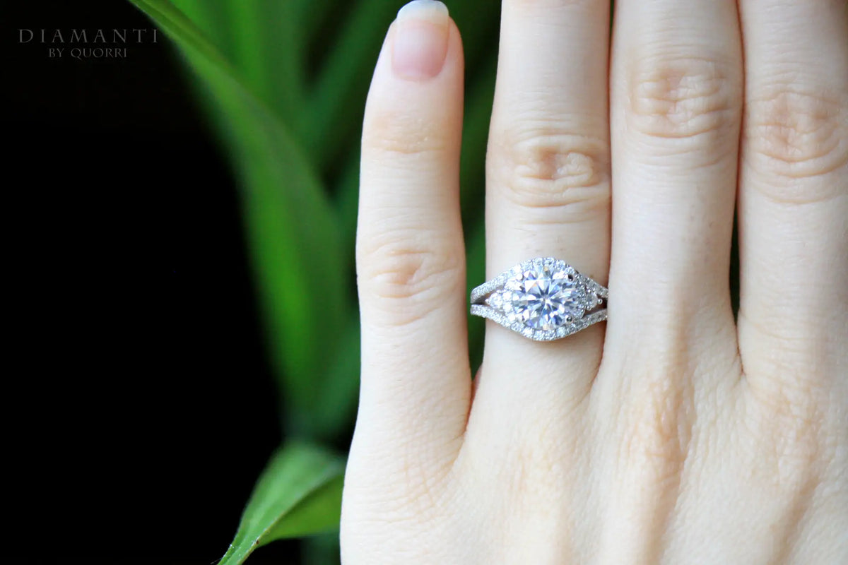 3 carat designer wrap around halo split band round lab diamond engagement ring in 18k white gold at Quorri Canada