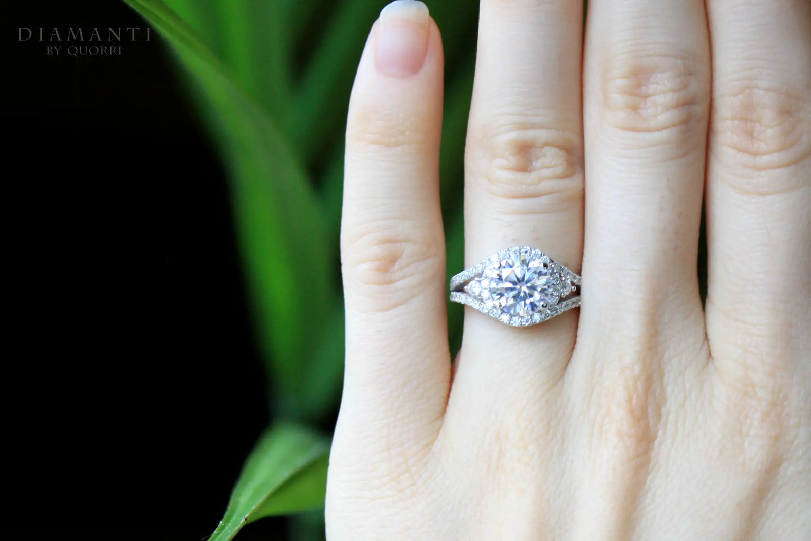 3 carat designer wrap around halo split band round lab diamond engagement ring in 18k white gold at Quorri Canada