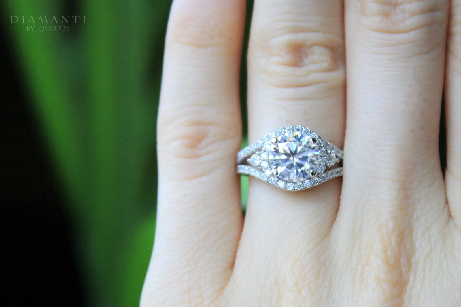 3.5 carat designer 18k white gold wrap around halo split band round lab grown diamond engagement ring Quorri Canada