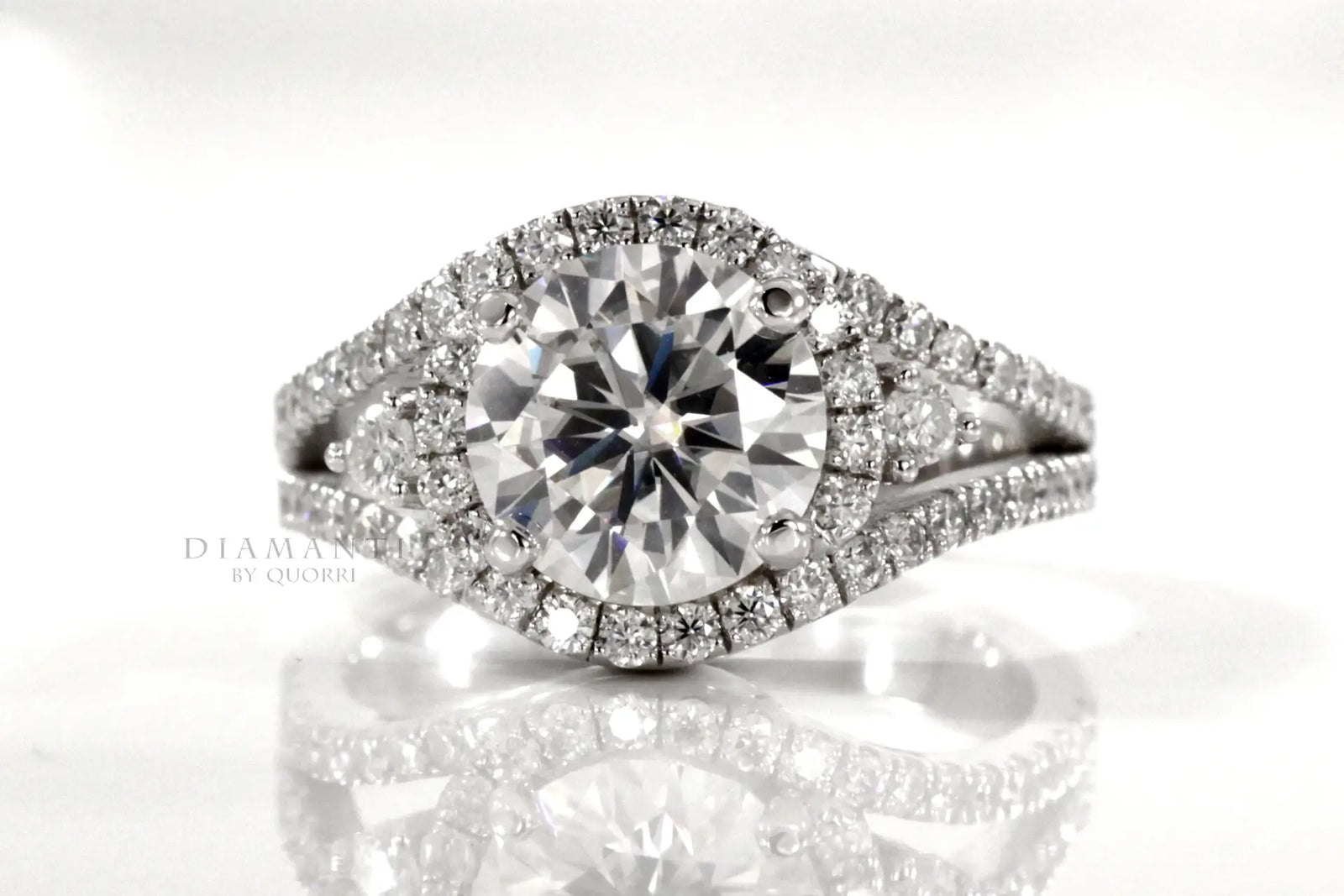 platinum designer wrap around halo split band 3 carat round lab diamond engagement ring Quorri Canada