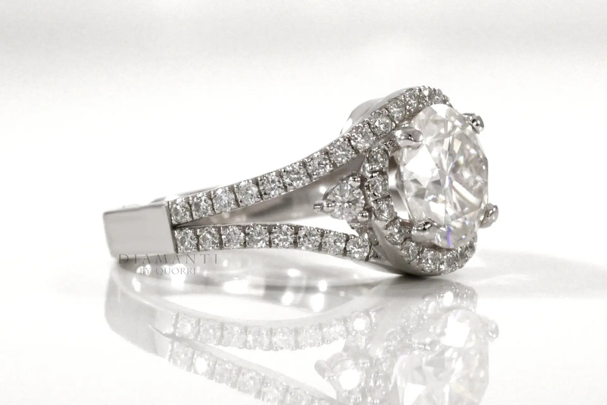 18k white gold designer wrap around halo split band 2 carat round lab diamond engagement ring Quorri Canada