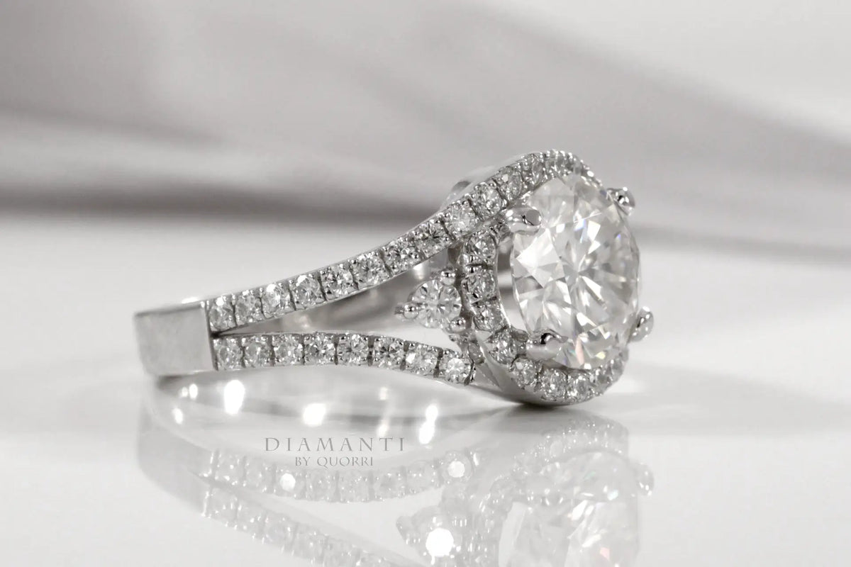 white gold designer wrap around halo split band 3 carat round lab grown diamond engagement ring Quorri Canada
