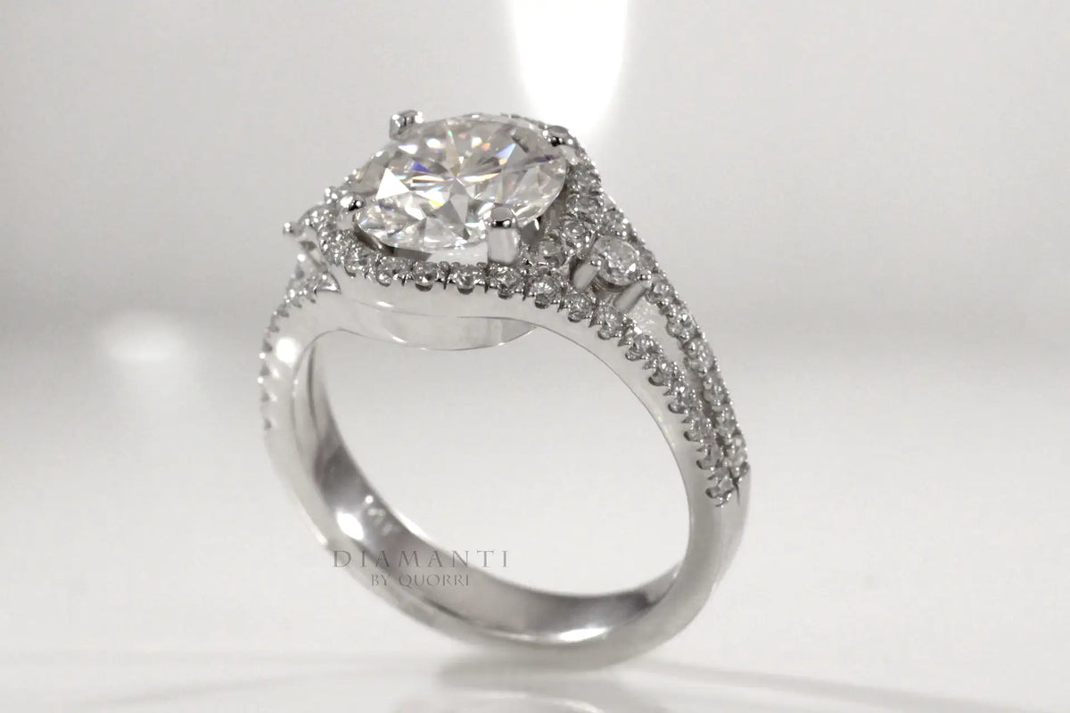 14k white gold designer wrap around halo split band 2.5 carat round lab made diamond engagement ring Quorri Canada