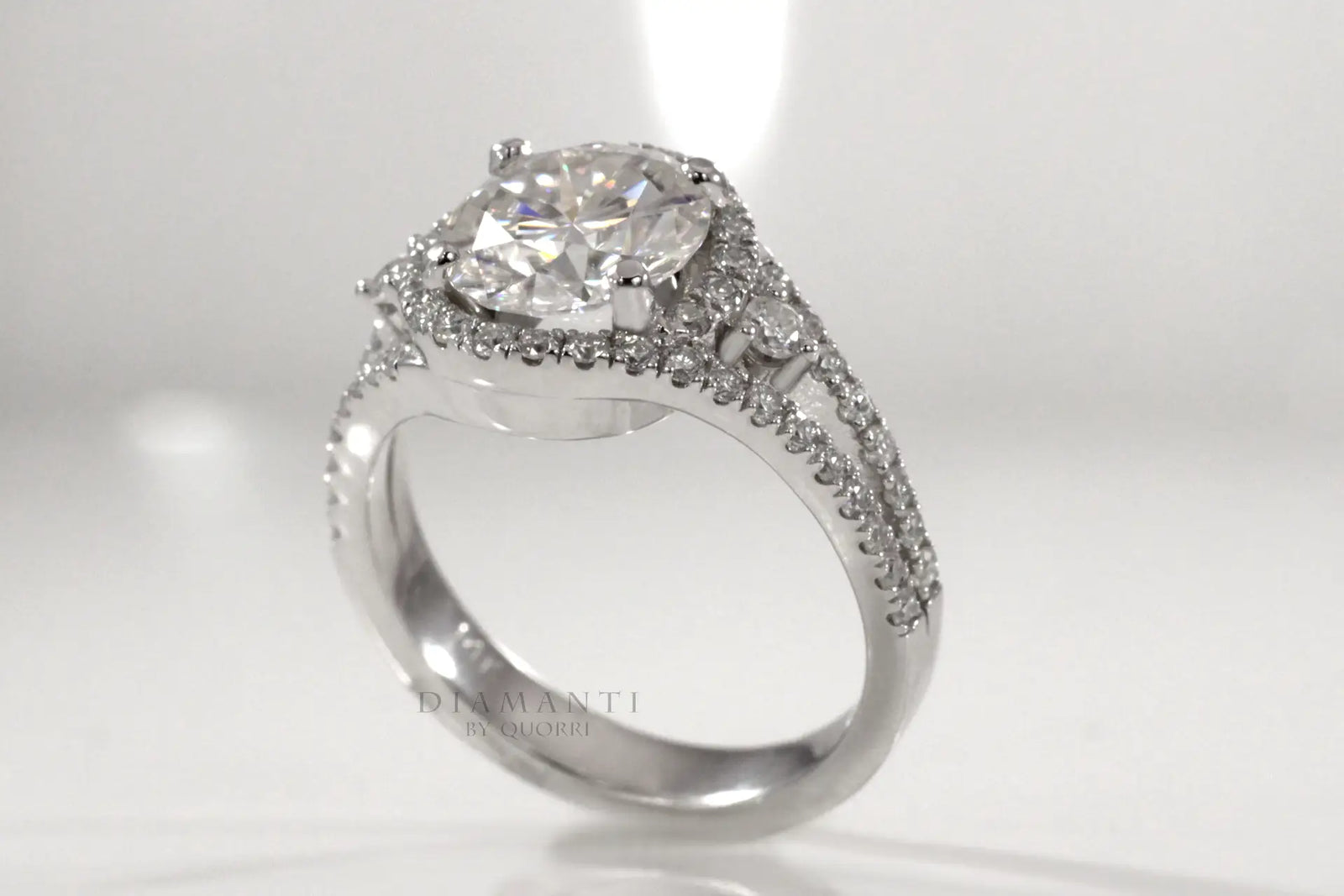 14k white gold designer wrap around halo split band 2.5 carat round lab made diamond engagement ring Quorri Canada
