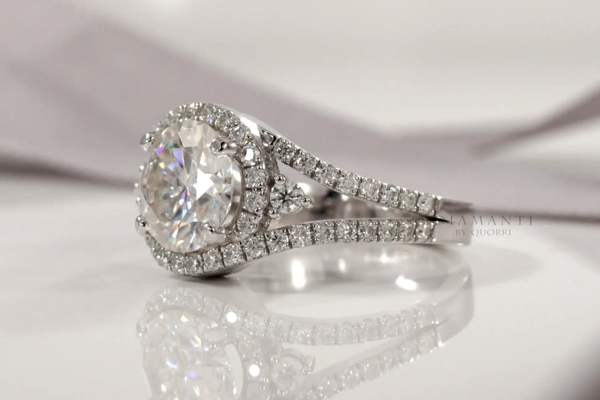 affordable designer wrap around halo split band 2ct round lab diamond 18kwhite gold engagement ring Quorri Canada
