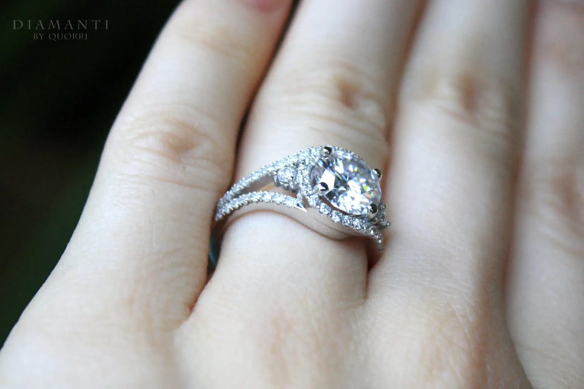 white gold designer wrap around halo split band 2.50 carat round lab created diamond engagement ring Quorri Canada