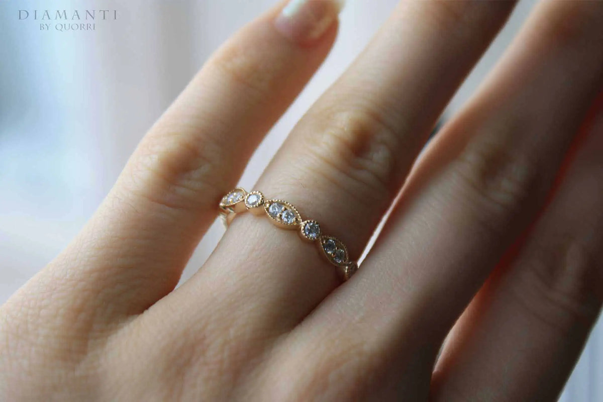 rose gold designer hand engraved mill-grain round lab grown diamond accented wedding band Quorri Canada