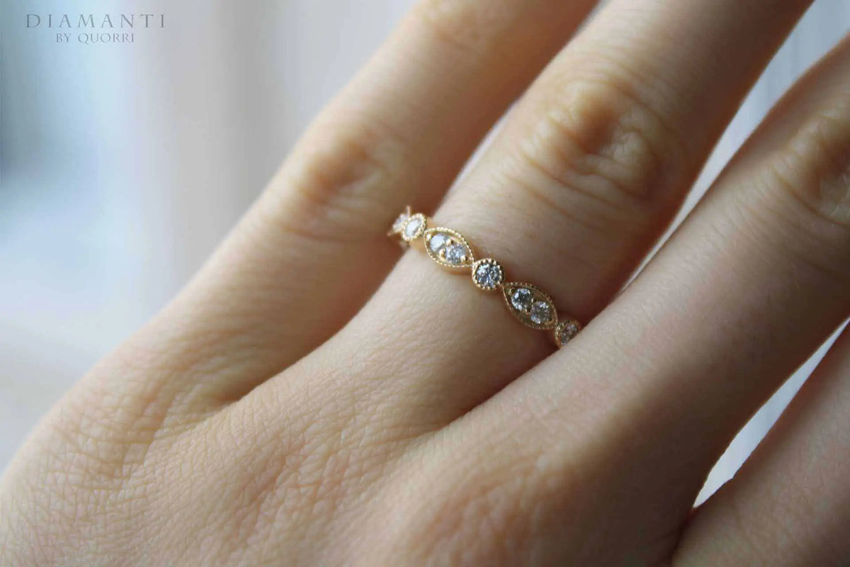 designer hand engraved mill-grain rose gold round lab created diamond accented wedding band Quorri Canada