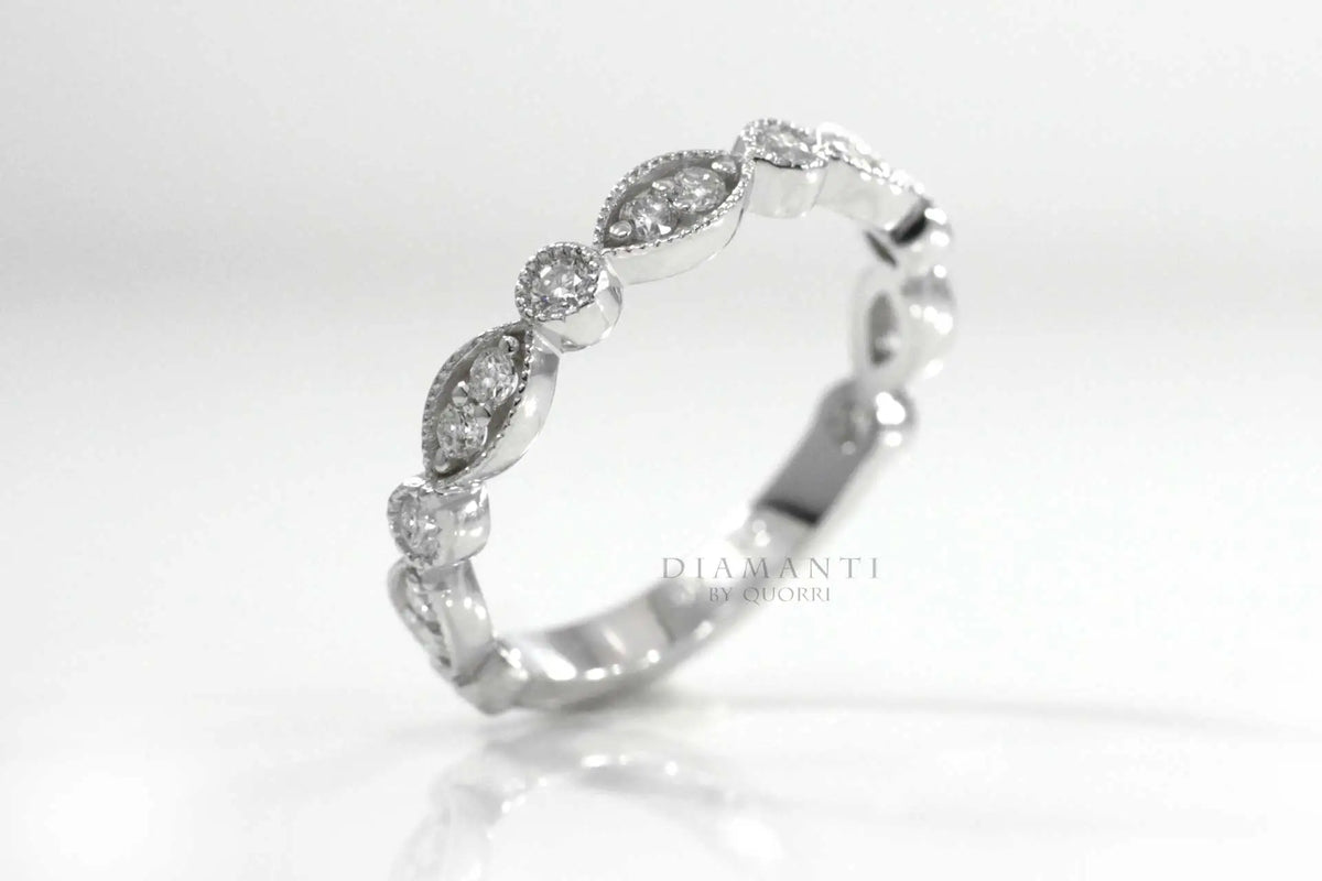 18k white gold designer hand engraved mill-grain round diamond accented wedding band Quorri Canada