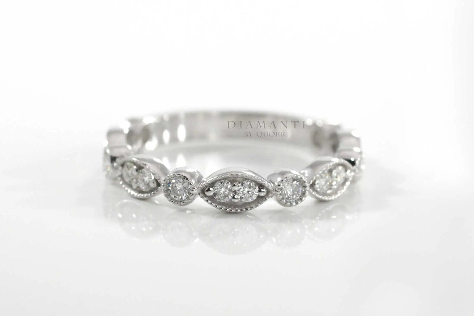 platinum designer hand engraved mill-grain round diamond accented wedding band Quorri Canada