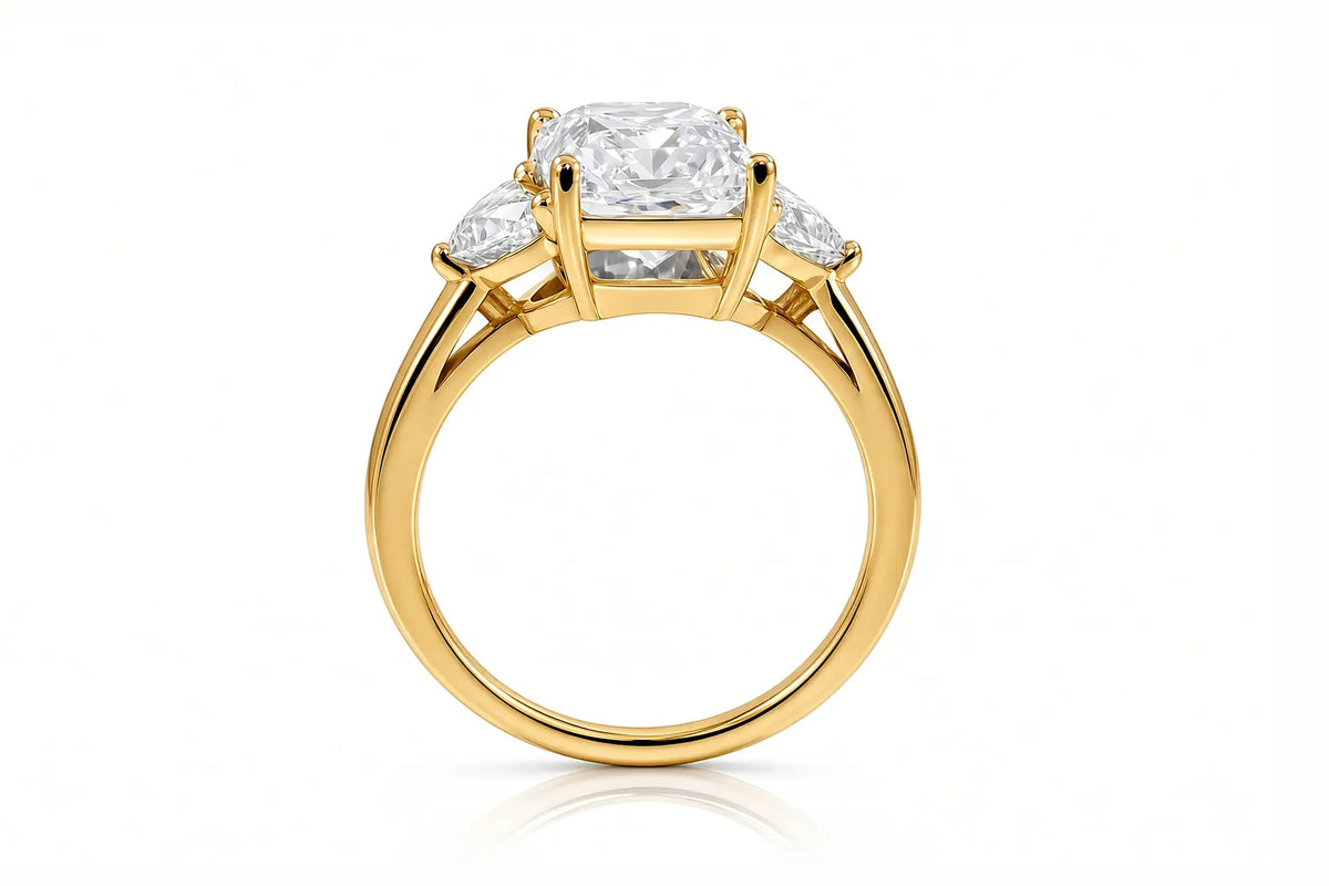 2ct Radiant and Moon Three Stone Engagement ring lab diamonds in 14k yellow gold