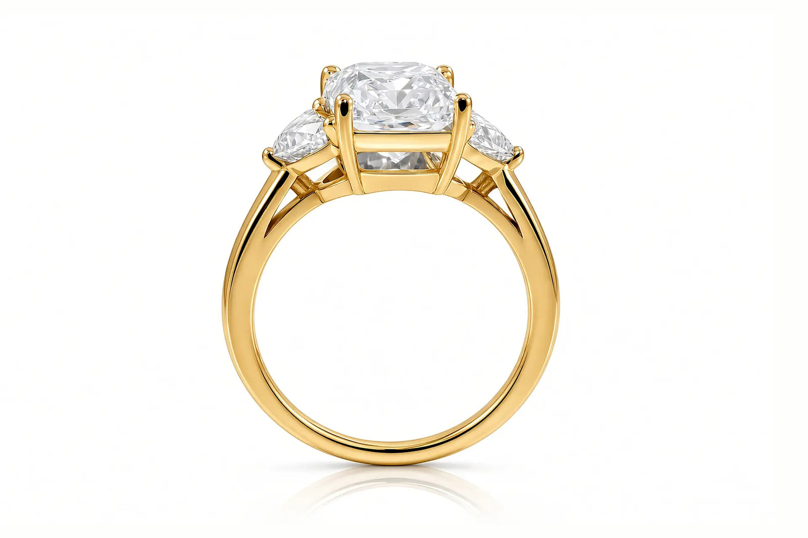 2ct Radiant and Moon Three Stone Engagement ring lab diamonds in 14k yellow gold