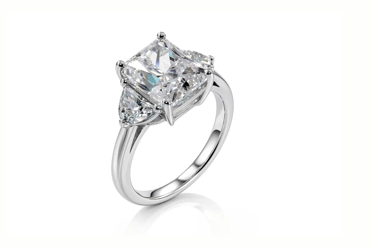 2ct Radiant and Moon Three Stone Engagement ring lab diamonds in white gold