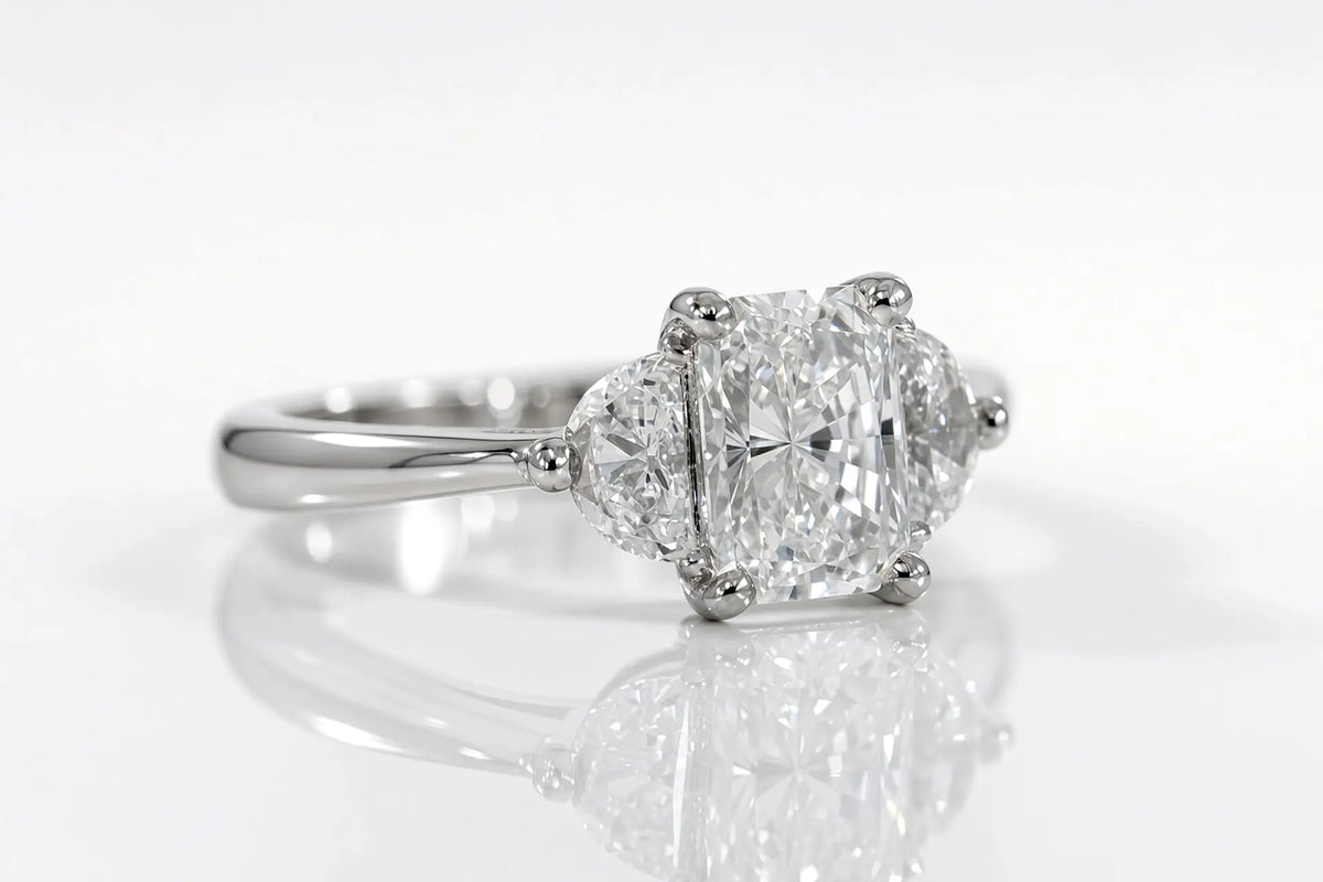 2ct Radiant and Moon Three Stone Engagement ring lab diamonds in 14k white gold