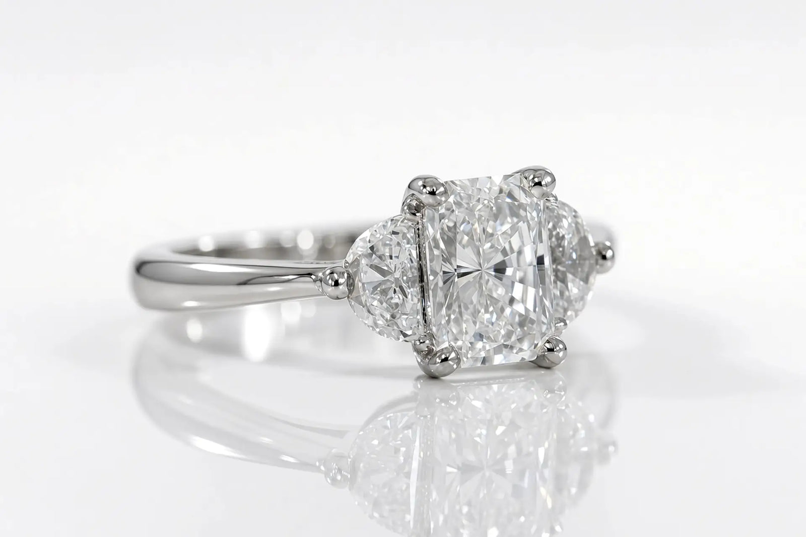 2ct Radiant and Moon Three Stone Engagement ring lab diamonds in 14k white gold