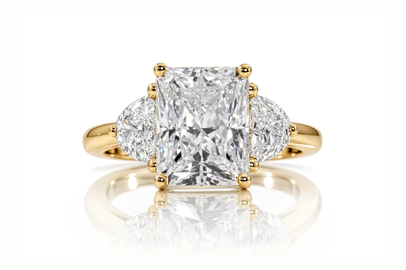 3ct Radiant and Moon Three Stone Engagement ring lab diamonds in 14k yellow gold