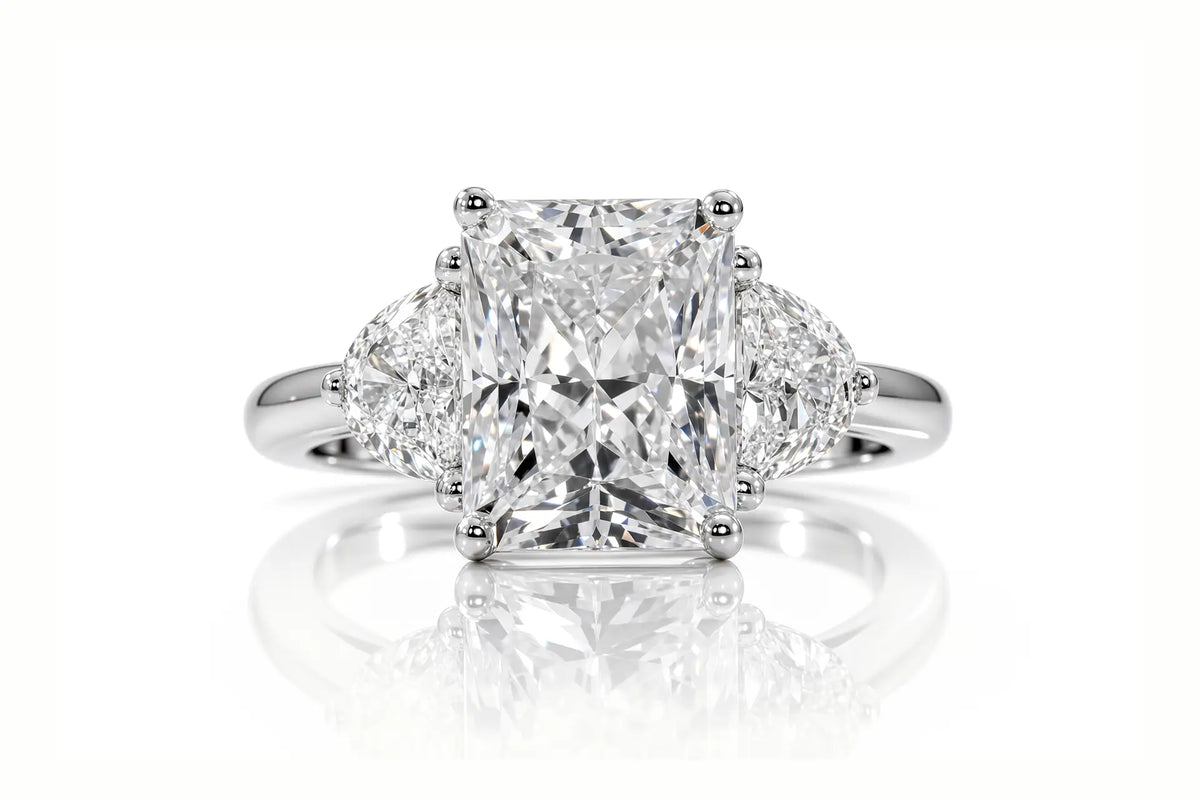 4ct Radiant and Moon Three Stone Anniversary ring lab diamonds in gold