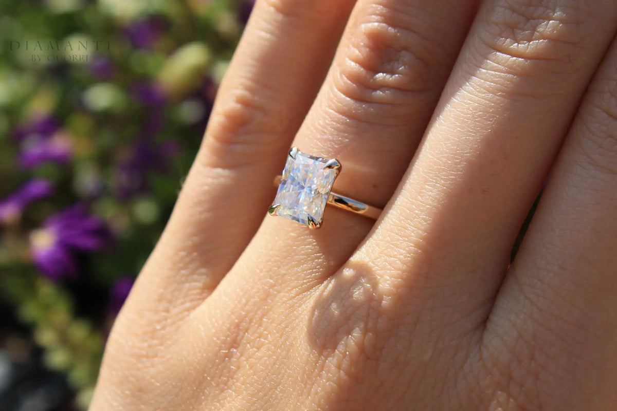 designer four claw prong 18k yellow gold 3 carat radiant lab diamond engagement ring Quorri