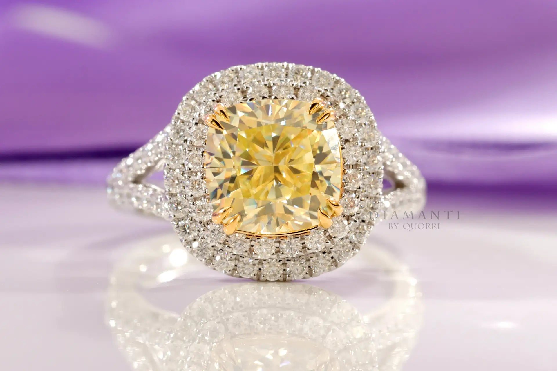 designer double halo dual claw two-tone gold cushion cut yellow Sapphire engagement ring