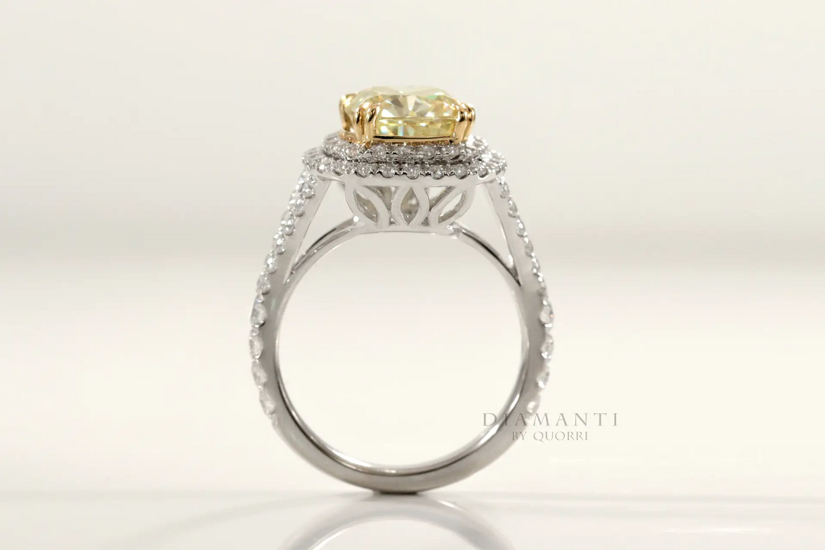designer double halo dual claw two-tone gold 3 carat cushion cut lab grown yellow sapphire engagement ring Quorri