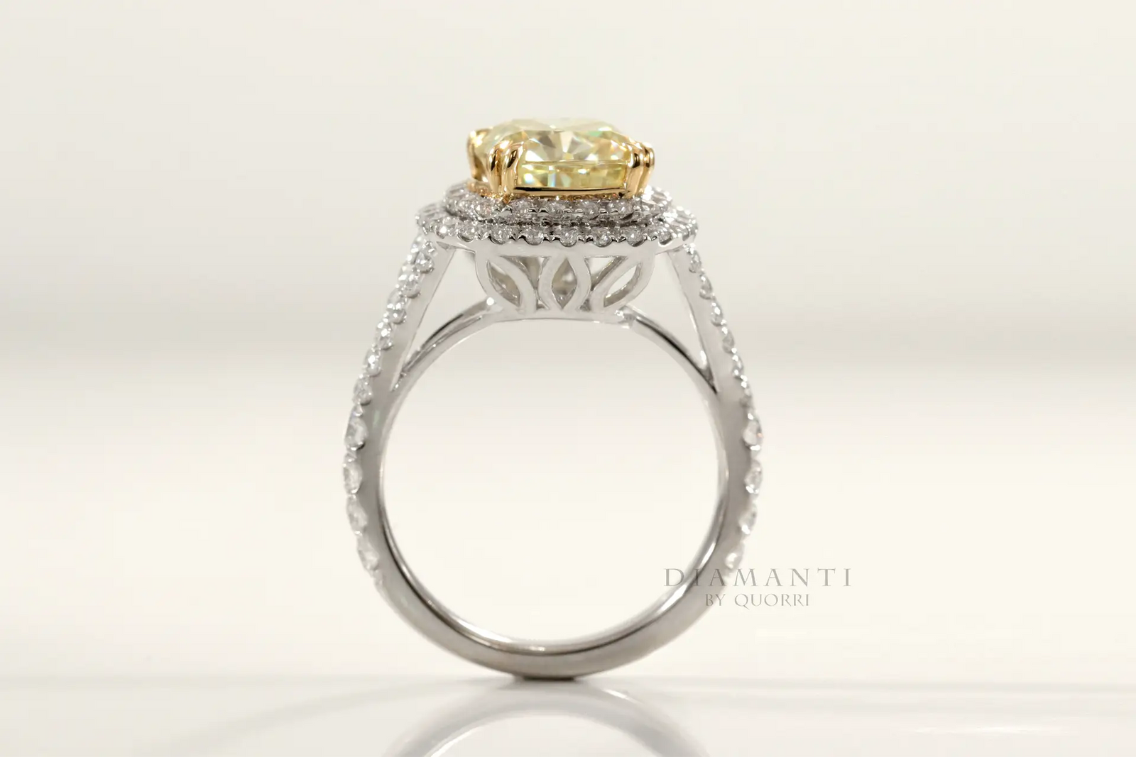 designer double halo dual claw two-tone gold 3 carat cushion cut lab grown yellow sapphire engagement ring Quorri