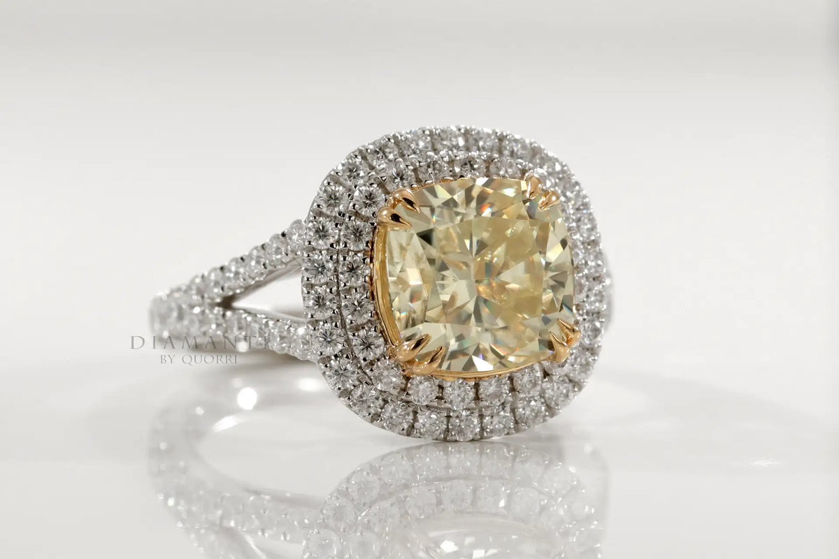 designer double halo dual claw two-tone gold 3.5 carat cushion cut lab grown yellow sapphire engagement ring Quorri Canada