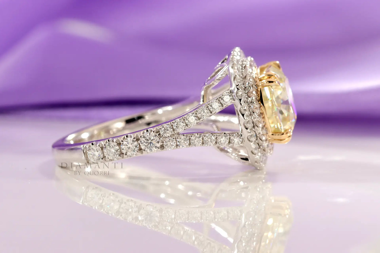 designer double halo dual claw two-tone gold 3 carat cushion cut lab grown yellow sapphire split band engagement ring Quorri Canada