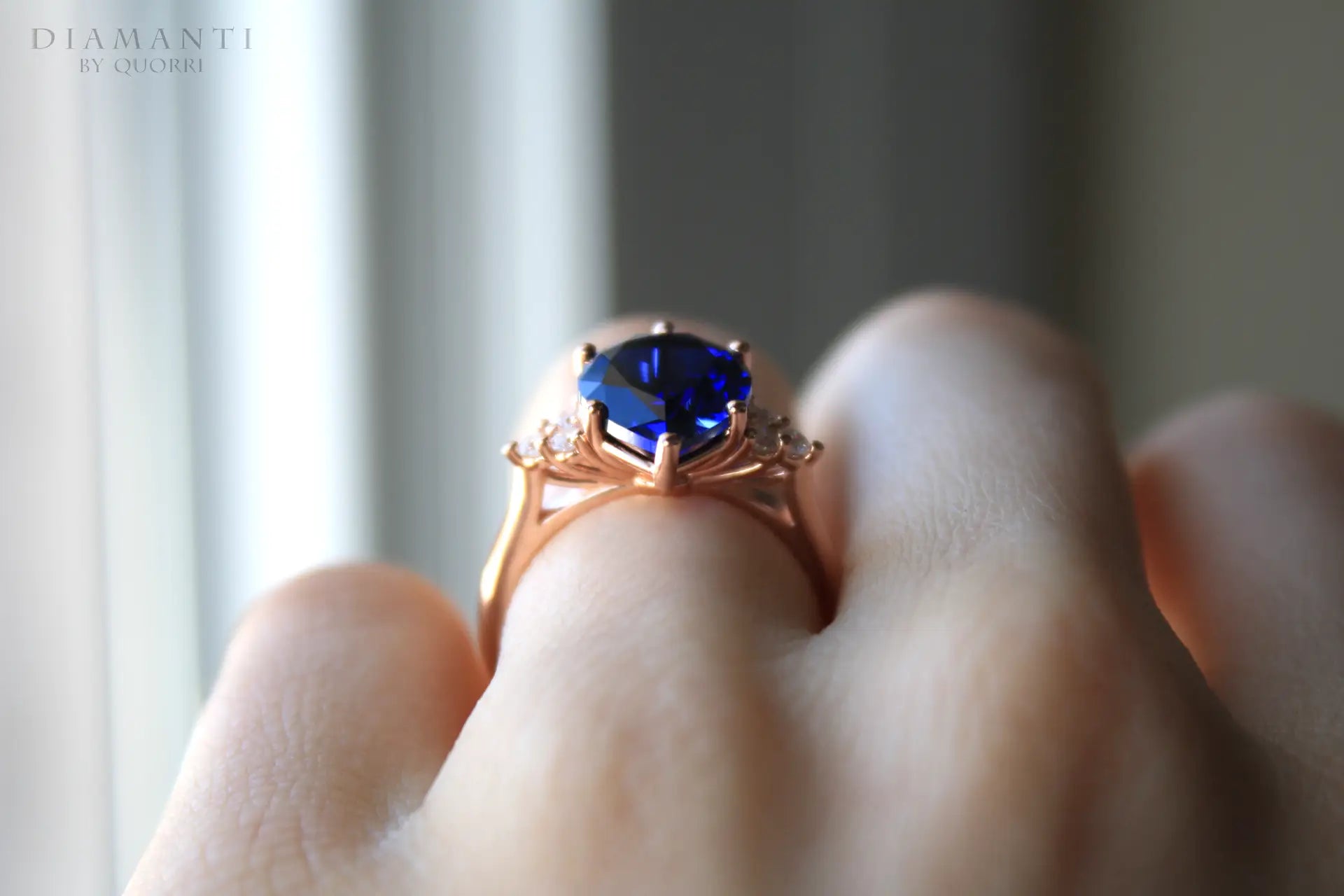 designer accented 3 carat pear cut lab grown blue sapphire rose gold engagement ring Quorri Canada