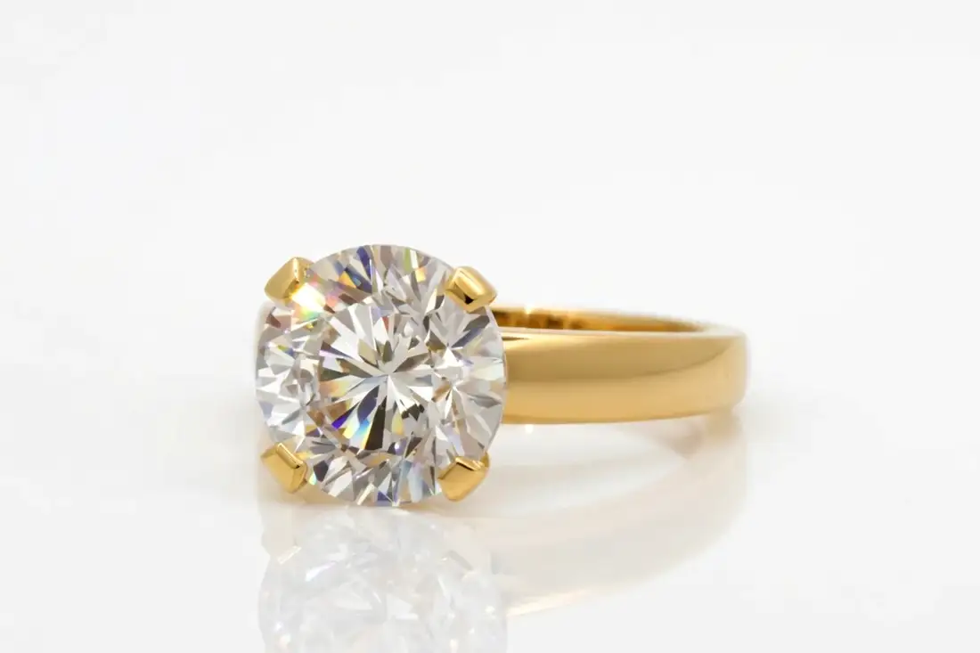 wide band 14k gold designer engagement ring with round brilliant lab diamond by quorri canada