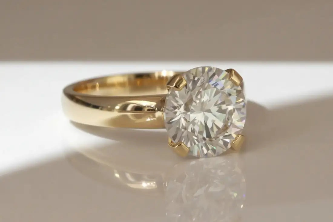 3 carat yellow gold wide band round brilliant lab diamond solitaire engagement ring